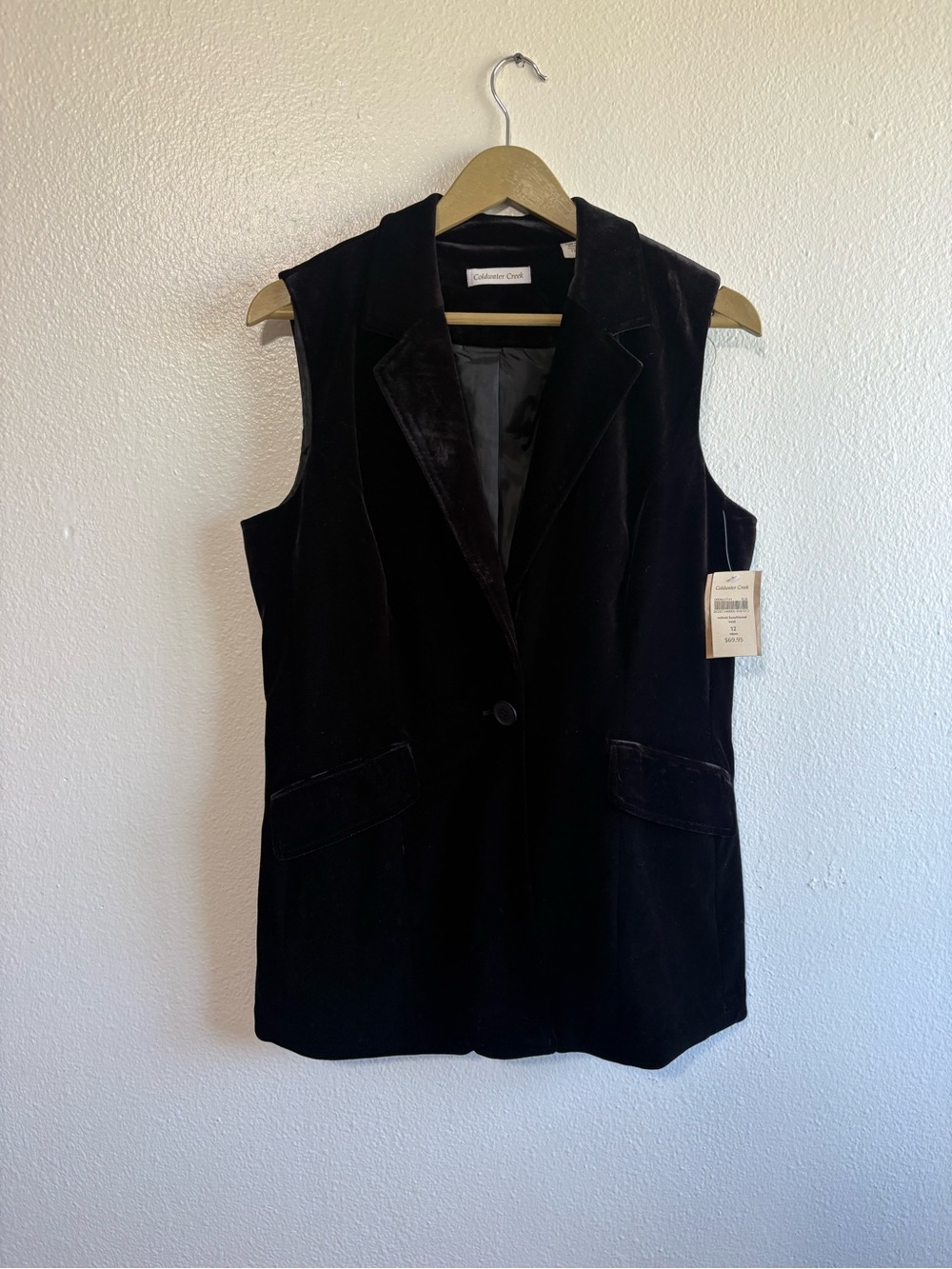 NEW Coldwater Creek Sz 12 Black Velour‎ Button Up Vest Modest Artsy Business
